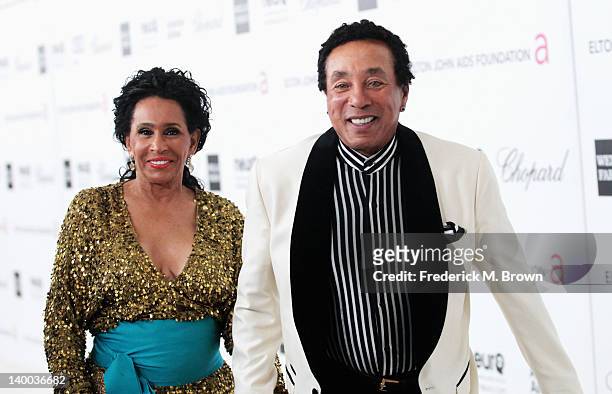 Singer Smokey Robinson and Frances Robinson arrive at the 20th Annual Elton John AIDS Foundation's Oscar Viewing Party held at West Hollywood Park on...