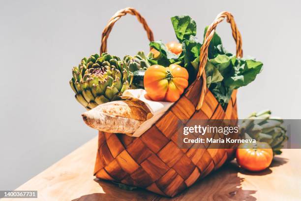 wicker basket with various organic vegetables from market. - wicker stock pictures, royalty-free photos & images