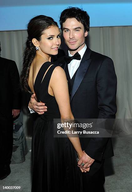 Actors Nina Dobrev and Ian Somerhalder attend the 20th Annual Elton John AIDS Foundation Academy Awards Viewing Party at The City of West Hollywood...