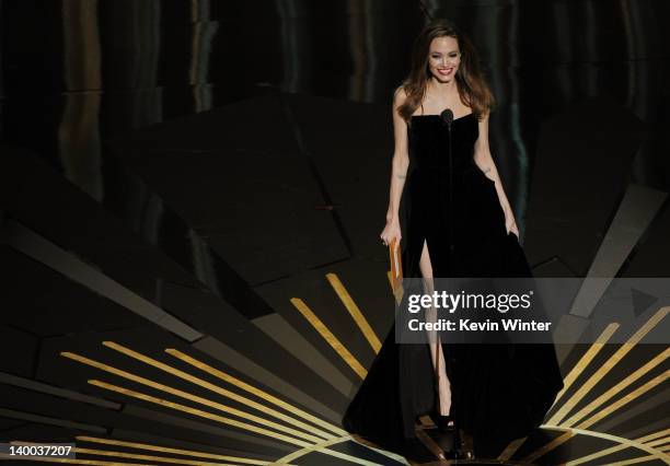 Presenter Angelina Jolie speaks onstage during the 84th Annual Academy Awards held at the Hollywood & Highland Center on February 26, 2012 in...