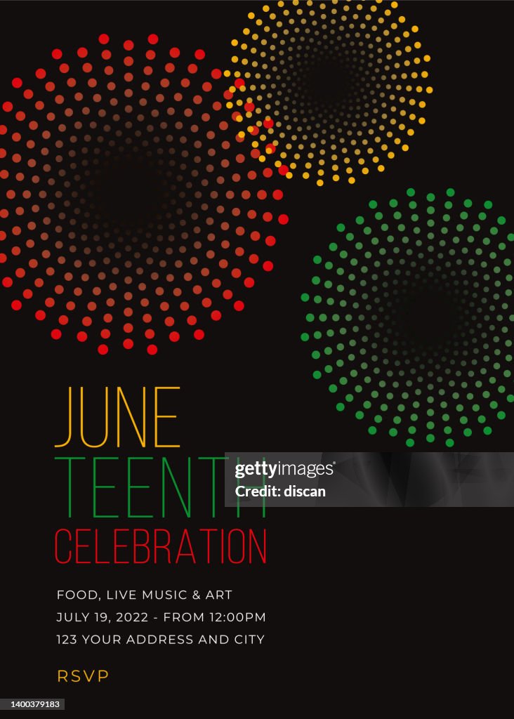 Juneteenth Party Einladung mit Feuerwerk - Illustration. Stock-Illustration