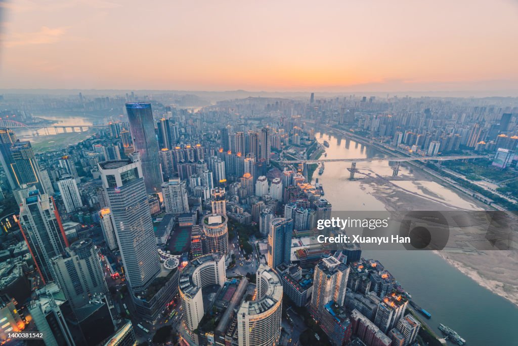 Overlooking modern architecture under the setting sun