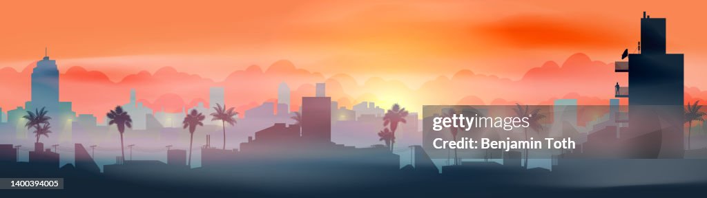 Minimal tropical city skyline with residential complex at sunset panorama