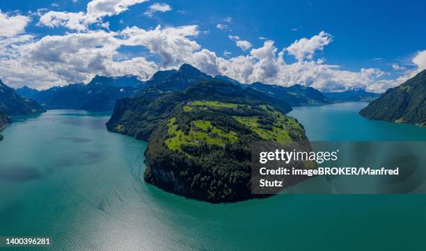 aerial view of lake lucerne towards seelisberg and the swiss alps, canton schwyz, switzerland - schwyz stock pictures, royalty-free photos & images