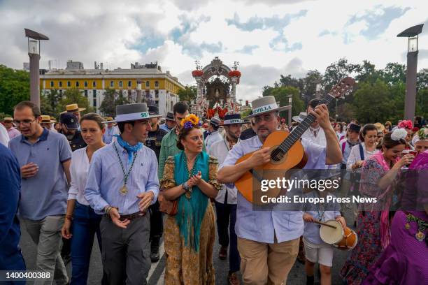 Pilgrims of the Brotherhood of Seville over the bridge of San Telmo, starting their pilgrimage to the village of El Rocio on June 1, 2022 in Seville...