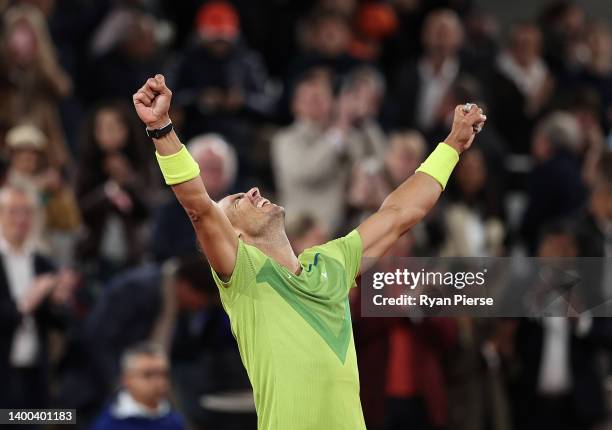 Rafael Nadal of Spain celebrates victory against Novak Djokovic of Serbia during the Men's Singles Quarter Final match on Day 10 of The 2022 French...