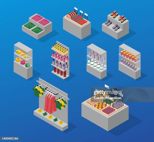 illustrazioni stock, clip art, cartoni animati e icone di tendenza di scaffali e stand isometrici - display