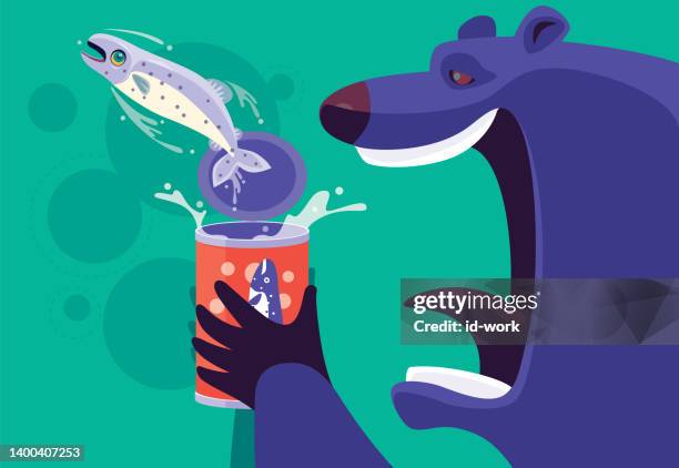 bear holding can with jumping fish - salmon jumping stock illustrations