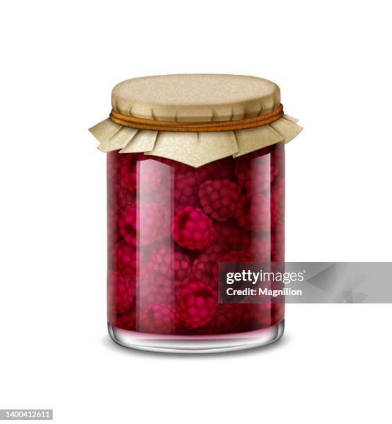 canned raspberry jam - making jam stock illustrations