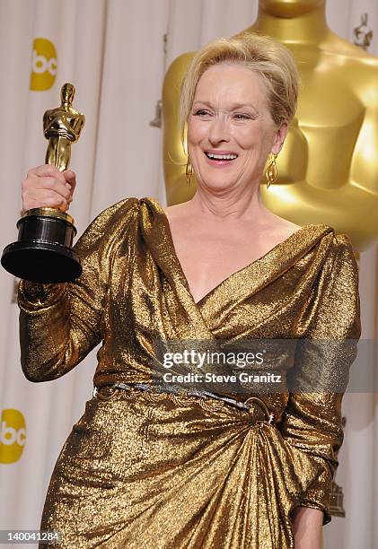 Actress Meryl Streep poses in the press room at the 84th Annual Academy Awards held at the Hollywood & Highland Center on February 26, 2012 in...