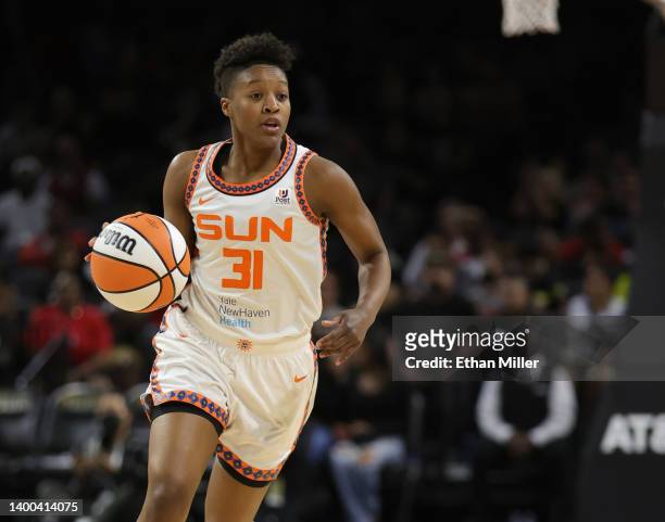 Yvonne Anderson of the Connecticut Sun brings the ball up the court against the Las Vegas Aces during their game at Michelob ULTRA Arena on May 31,...