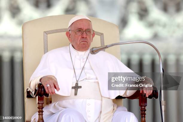 Pope Francis attends his general weekly audience at St. Peter's Square on June 01, 2022 in Vatican City, Vatican. At the conclusion of his weekly...