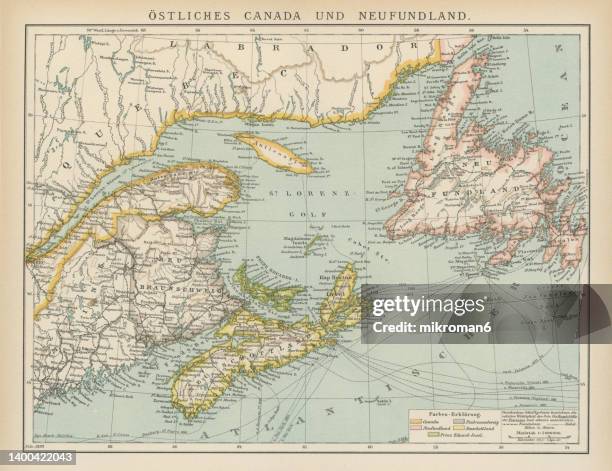 old map of map of eastern canada and newfoundland - north atlantic ocean map stock pictures, royalty-free photos & images