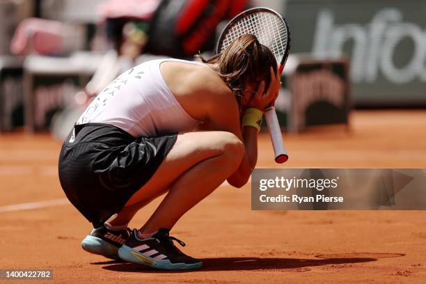 Daria Kasatkina celebrates match point against Veronika Kudermetova during the Women's Singles Quarter Final match on Day 11 at Roland Garros on June...