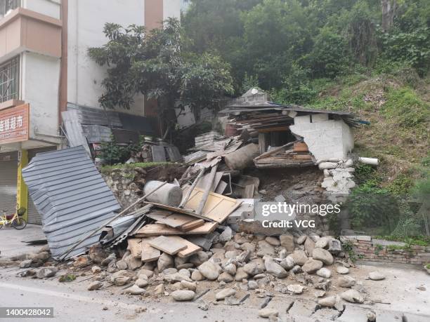 Collapsed house is seen on June 1, 2022 in Lushan County, Ya an City, Sichuan Province of China. A 6.1-magnitude earthquake jolted Lushan county on...