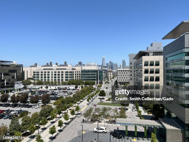 Aerial view of University of California San Francisco campus in Mission Bay, San Francisco, California with Salesforce Tower visible in the...