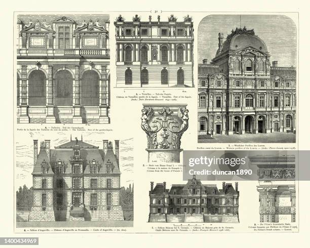 stockillustraties, clipart, cartoons en iconen met examples of baroque architecture, tuileries, versailles, louvre, château d'angerville in normandy - palace