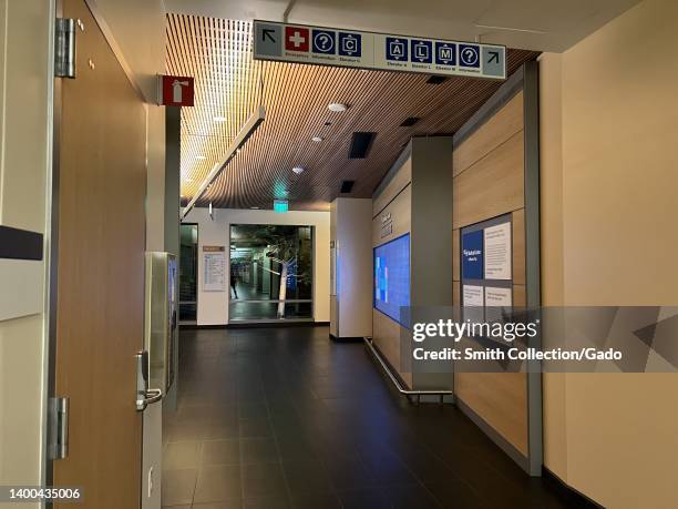 Interior view of corridor in University of California San Francisco medical center hospital in Mission Bay, San Francisco, California at night, May...