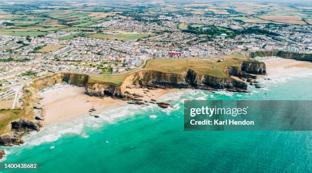 an aerial view of a sandy beach in newquay, cornwall - cornwall england bildbanksfoton och bilder