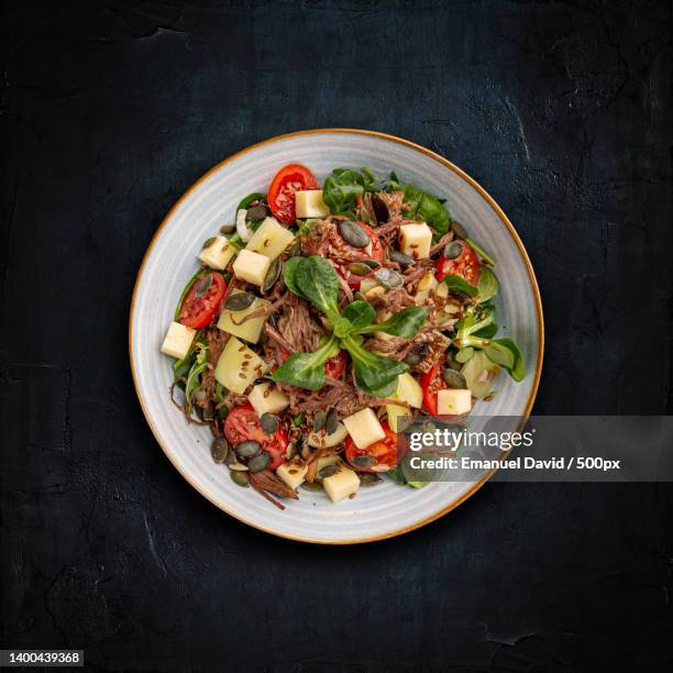 healthy food concept,directly above shot of salad in plate on table - pulled beef stock pictures, royalty-free photos & images