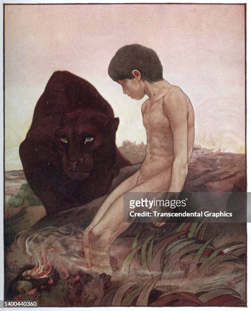 Illustration , from Rudyard Kipling's 'The Jungle Book,' depicts a black panther with Mowgli, 1913. It was published by the New York-based Century...