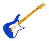 Blue electric guitar with maple neck and fretboard