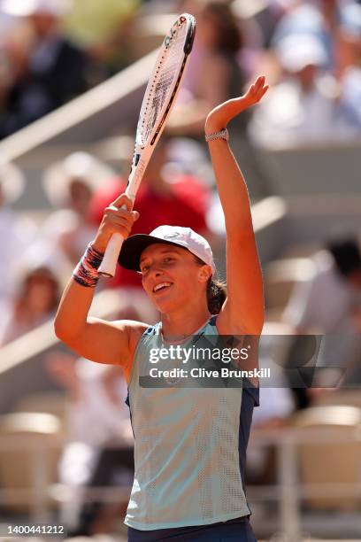 Iga Swiatek of Poland celebrates match point against Jessica Pegula of The United States during the Women's Singles Quarter Final match on Day 11 at...