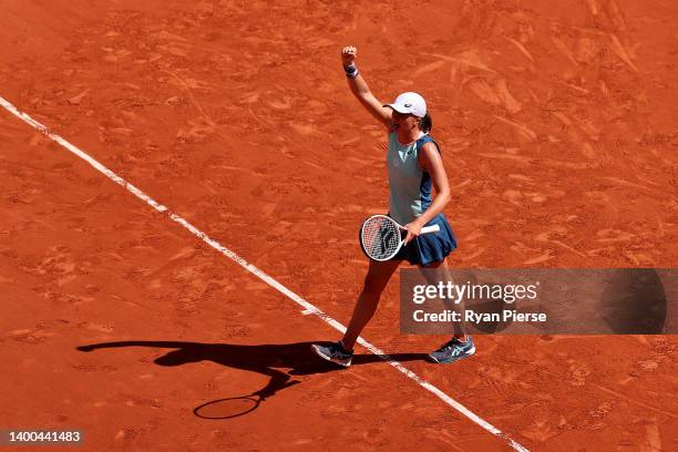 Iga Swiatek of Poland celebrates match point against Jessica Pegula of The United States during the Women's Singles Quarter Final match on Day 11 at...