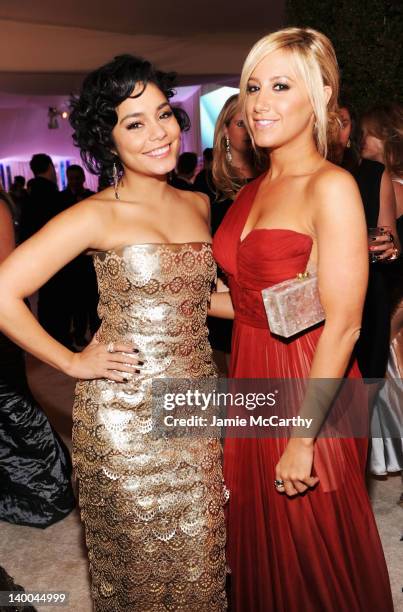 Actress Vanessa Hudgens and Ashley Tisdale attend the 20th Annual Elton John AIDS Foundation Academy Awards Viewing Party at The City of West...