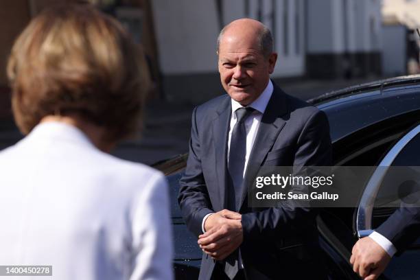 German Chancellor Olaf Scholz arrives to speak at a congress of the BDEW, the Federal Association of the Energy And Water Sector, on June 1, 2022 in...