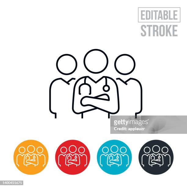 medical team of three facing viewer thin line icon - editable stroke - paramedic 幅插畫檔、美工圖案、卡通及圖標