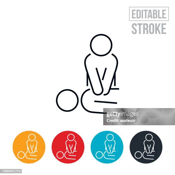 stockillustraties, clipart, cartoons en iconen met medical professional doing cpr on patient thin line icon - editable stroke - paramedic