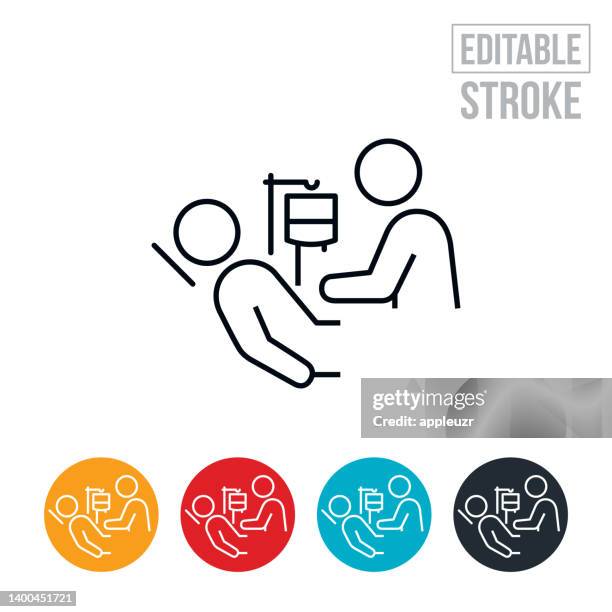 ilustrações de stock, clip art, desenhos animados e ícones de medical professional checking iv of patient thin line icon - editable stroke - blood bag stock illustrations