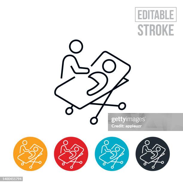 emt with patient on stretcher thin line icon - editable stroke - attendance stock illustrations