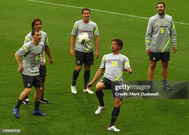 Harry Kewell of the Socceroos controls the ball during an Australian Socceroos training session at AAMI Park on February 27, 2012 in Melbourne,...