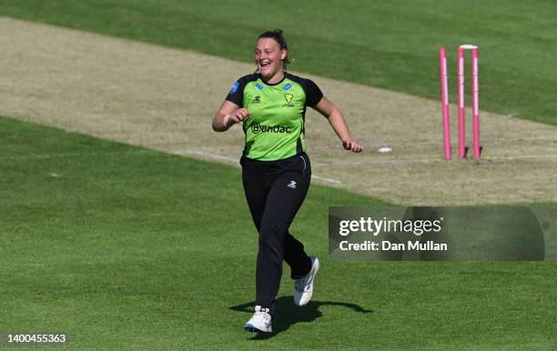 Danielle Gibson of Western Storm celebrates after the run out of Kalea Moore of South East Stars during the Charlotte Edwards Cup match between...