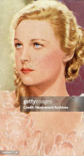 Collectible colorized tobacco card, 'Portraits of Famous Stars' series, published 1935 by Gallaher Ltd, depicting film and movie stars from the...