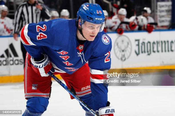 Kaapo Kakko of the New York Rangers skates against the Carolina Hurricanes in Game Six of the Second Round of the 2022 Stanley Cup Playoffs at...