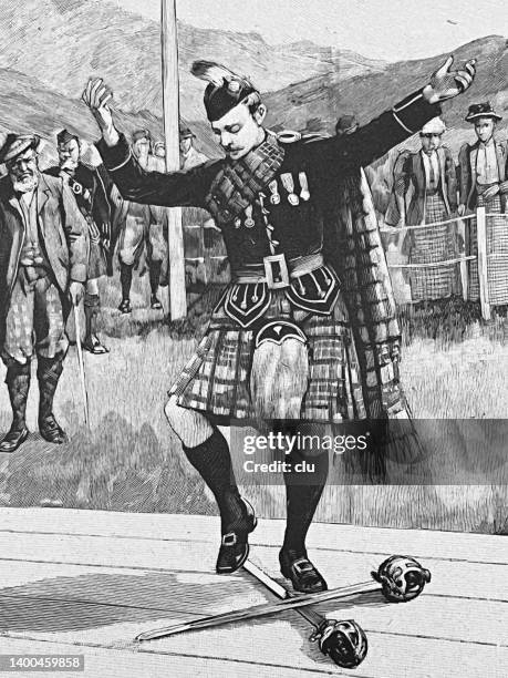 stockillustraties, clipart, cartoons en iconen met scotish sword dancer dressed in a kilt, performing outdoors on a meadow - kilt