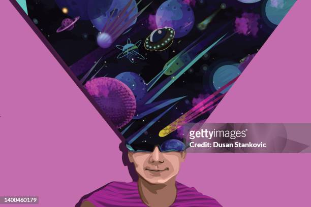 boy playing virtual reality games in cosmos - kids astronomy stock illustrations