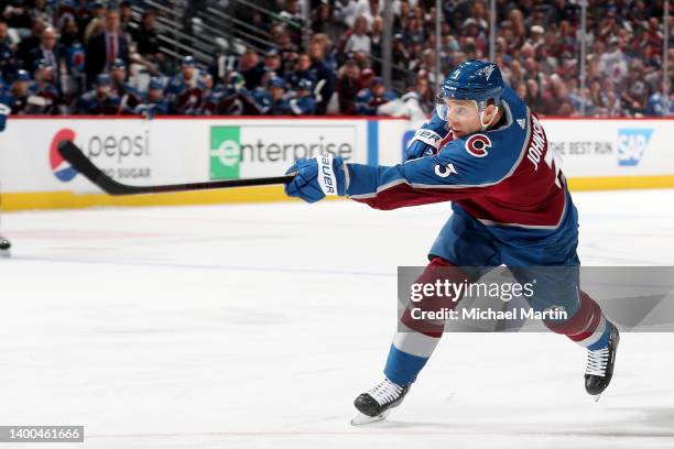 Jack Johnson of the Colorado Avalanche takes a shot against the Edmonton Oilers in Game One of the Western Conference Final of the 2022 Stanley Cup...
