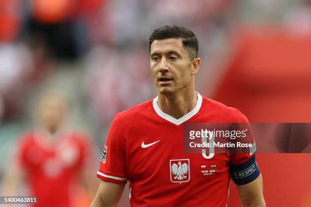 Robert Lewandowski of Poland looks on during the UEFA Nations League League A Group 4 match between Poland and Wales at Tarczynski Arena on June 01,...