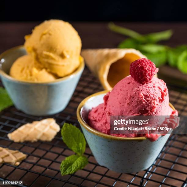 close-up of ice cream in bowl on table - gelato stock pictures, royalty-free photos & images