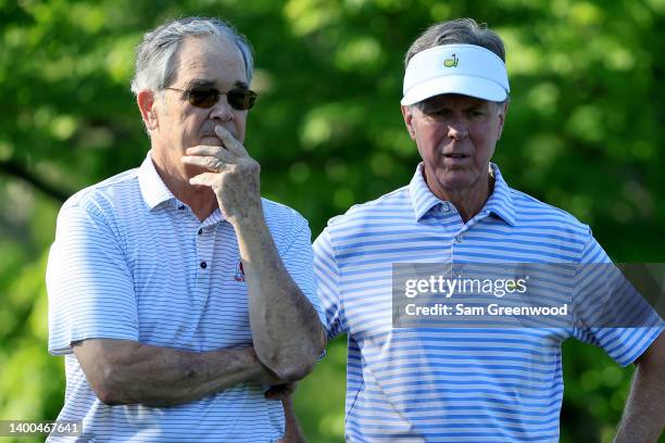 Former Chairman of Augusta National Golf Club Billy Payne and Fred Ridley, Chairman of Augusta National Golf Club look on during a practice round...