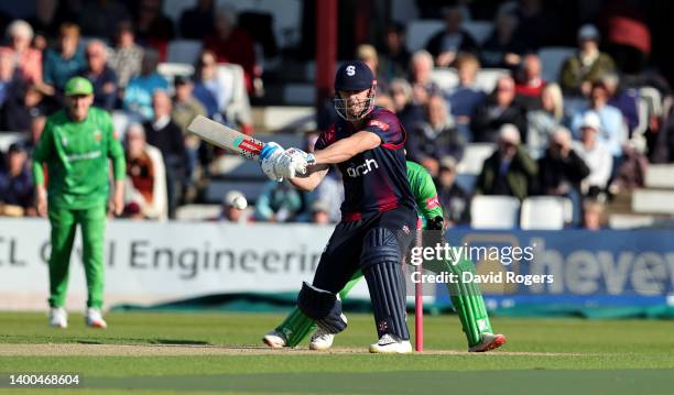 Chris Lynn of Northamptonshire Steelbacks pulls the ball to the boundary during the Vitality T20 Blast match between Northamptonshire Steelbacks and...