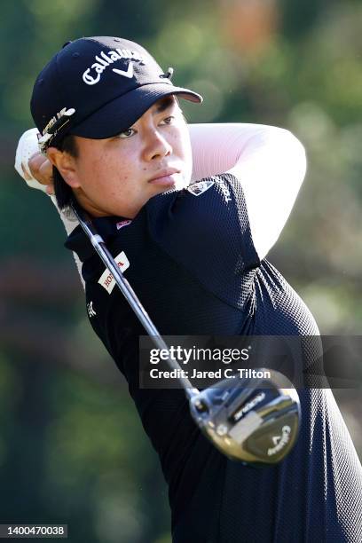 Yuka Saso of Japan plays her tee shot on the seventh hole during a practice round prior to the 77th U.S. Women's Open Championship at Pine Needles...