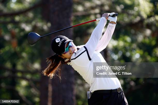 Hye-Jin Choi of South Korea plays her shot from the seventh tee during a practice round prior to the 77th U.S. Women's Open Championship at Pine...