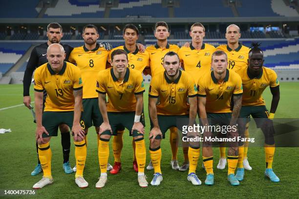 The Australia team poses for a photograph prior to kick off of the International Friendly match between Jordan and Australia Socceroos at Al Janoub...