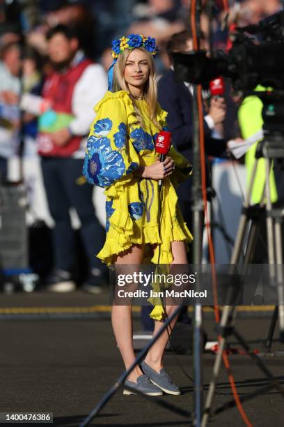 Vlada Sedan, Ukrainian TV Presenter and wife of Oleksandr Zinchenko looks on prior to the FIFA World Cup Qualifier match between Scotland and Ukraine...