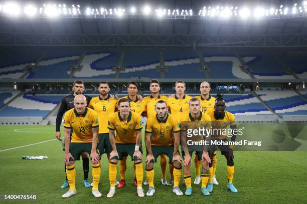 The Australia team poses for a photograph prior to kick off of the International Friendly match between Jordan and Australia Socceroos at Al Janoub...
